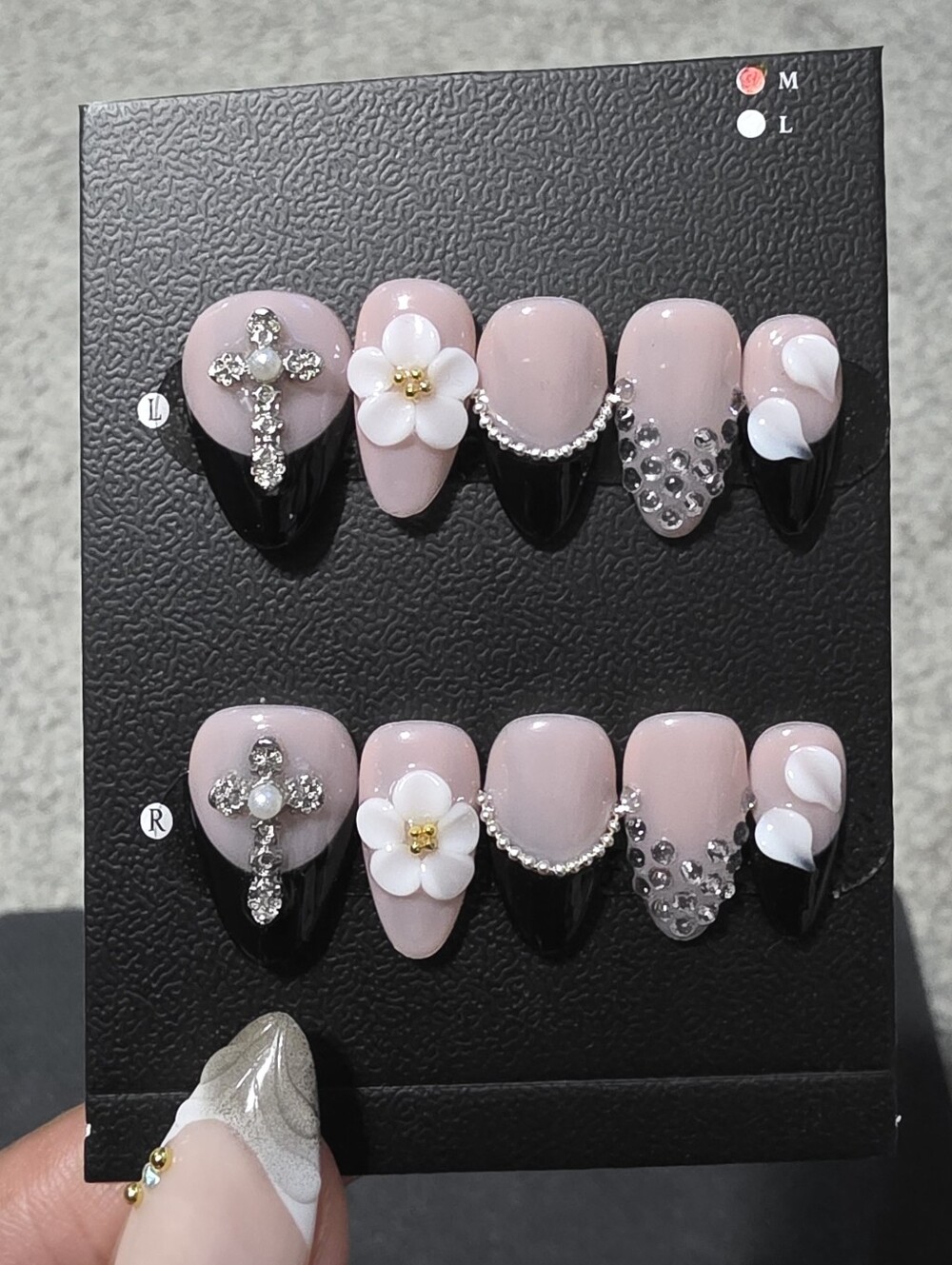 Elegant Pink & Black Floral Press-On Nail Set with Rhinestones